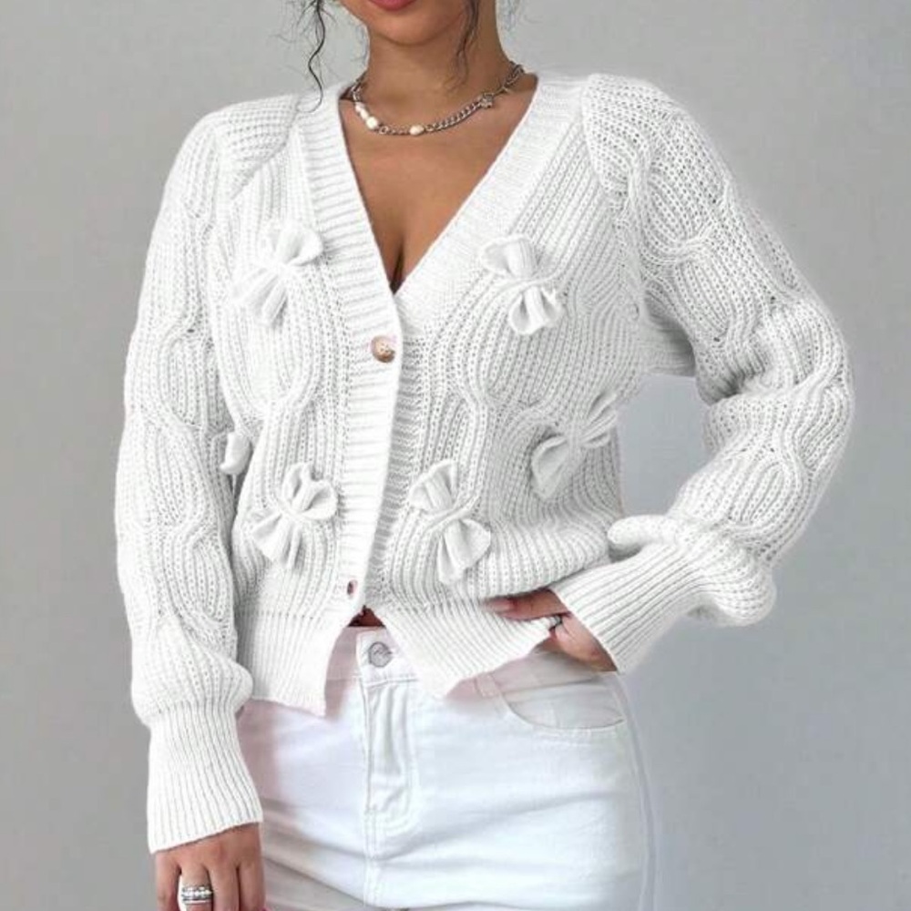 Classic Solid Bow Detail Button Down Fitted Cardigan S M L